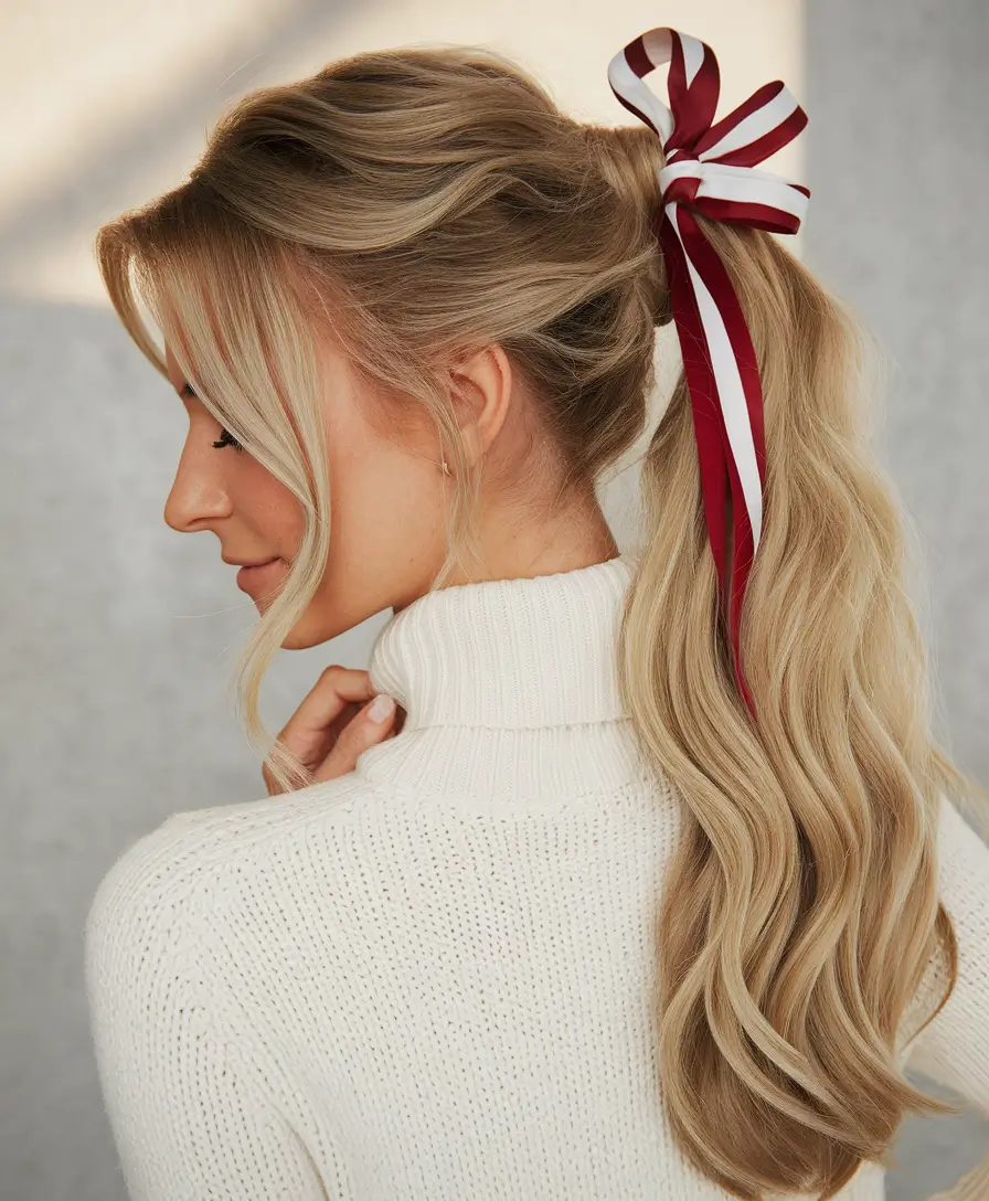 4th of july hairstyles Soft Ponytail with Cascading Striped Ribbon
