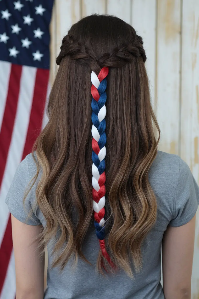 4th of july hair inspo easy Half-Up Braided Fishtail with Red, White & Blue Extensions