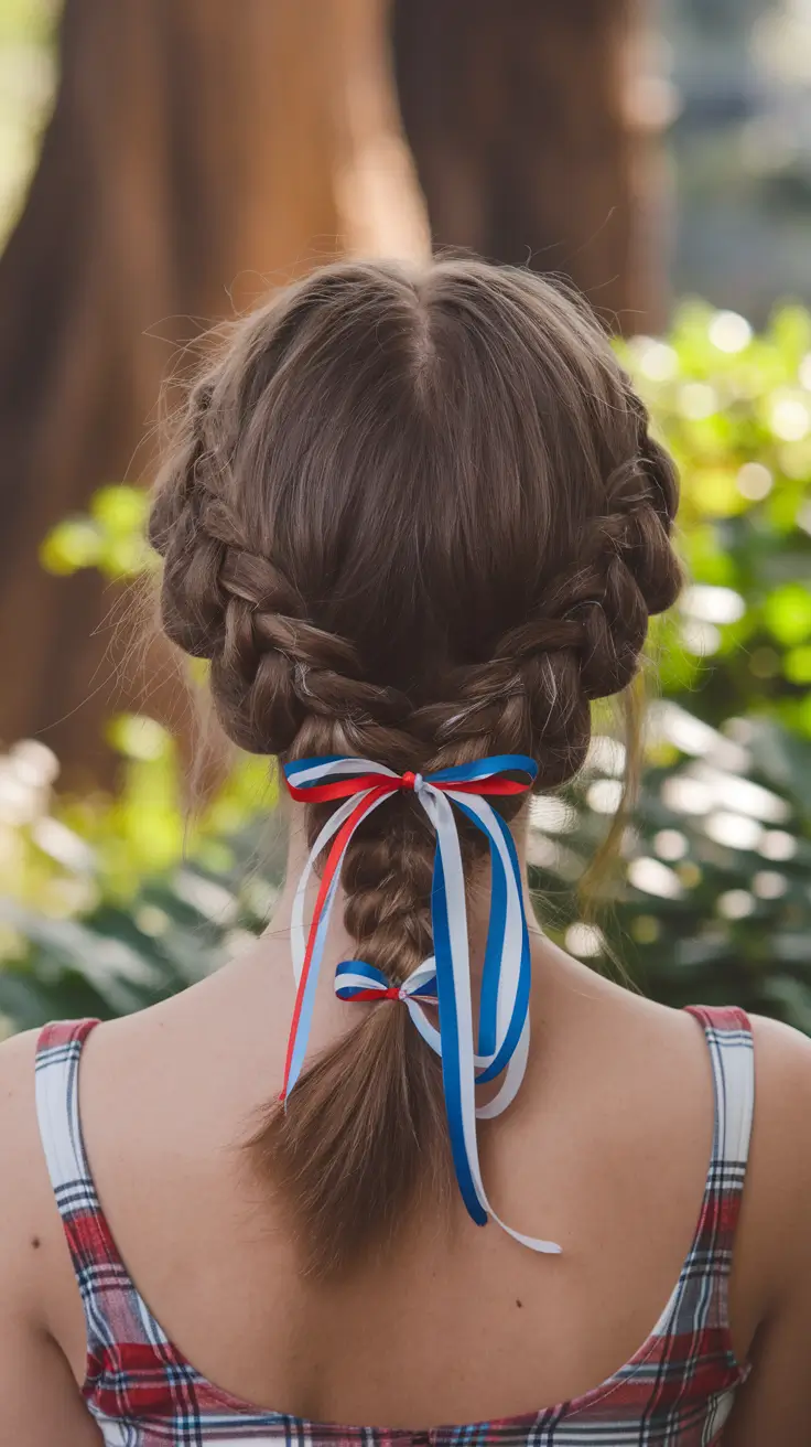 4th of july hairstyles Cross-Braided Crown with Ribbon Streamers