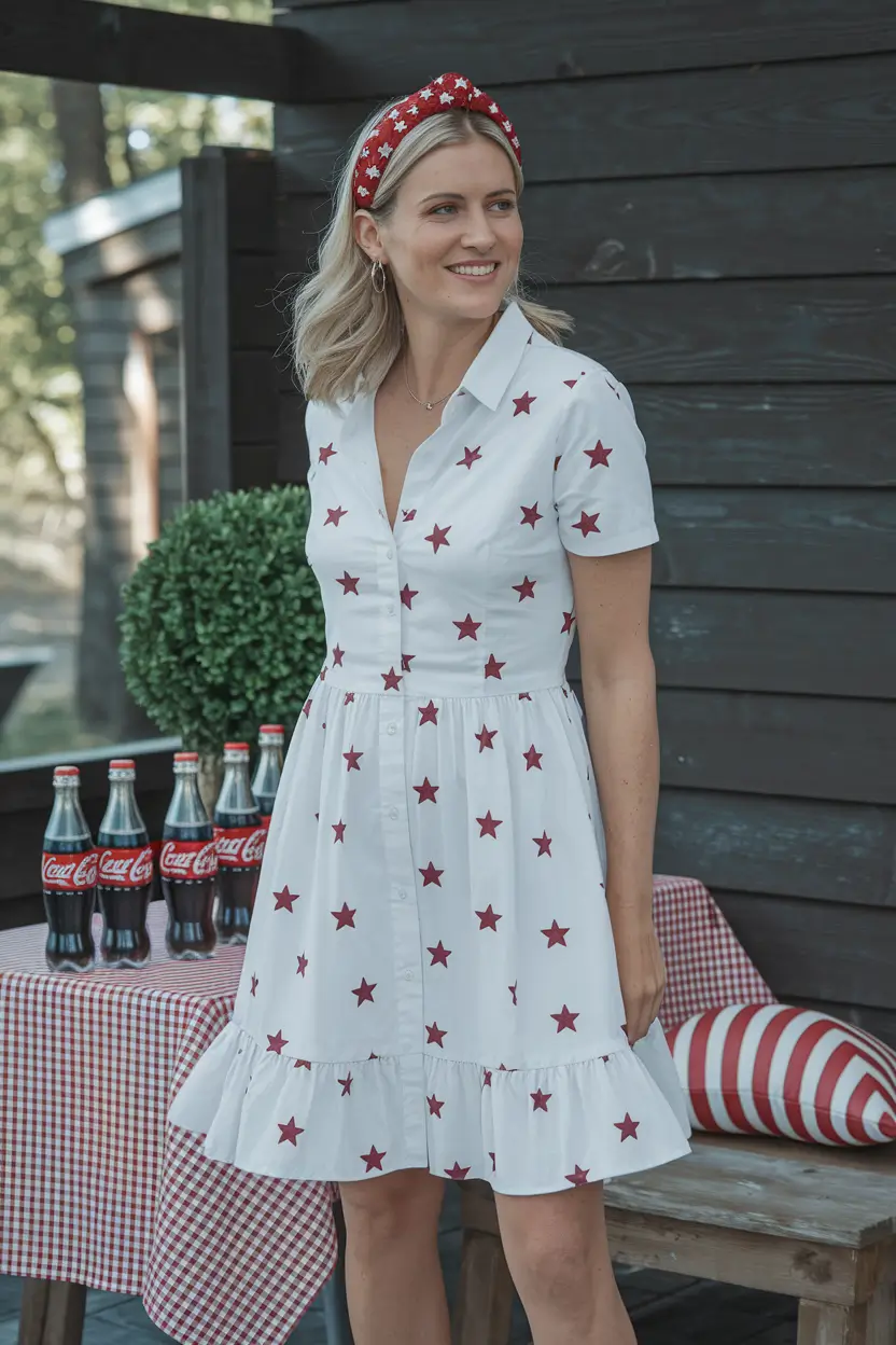 Fourth of July 2025 Outfits Easy & Cute ideas+Classic Shirt Dress with Starry Charm