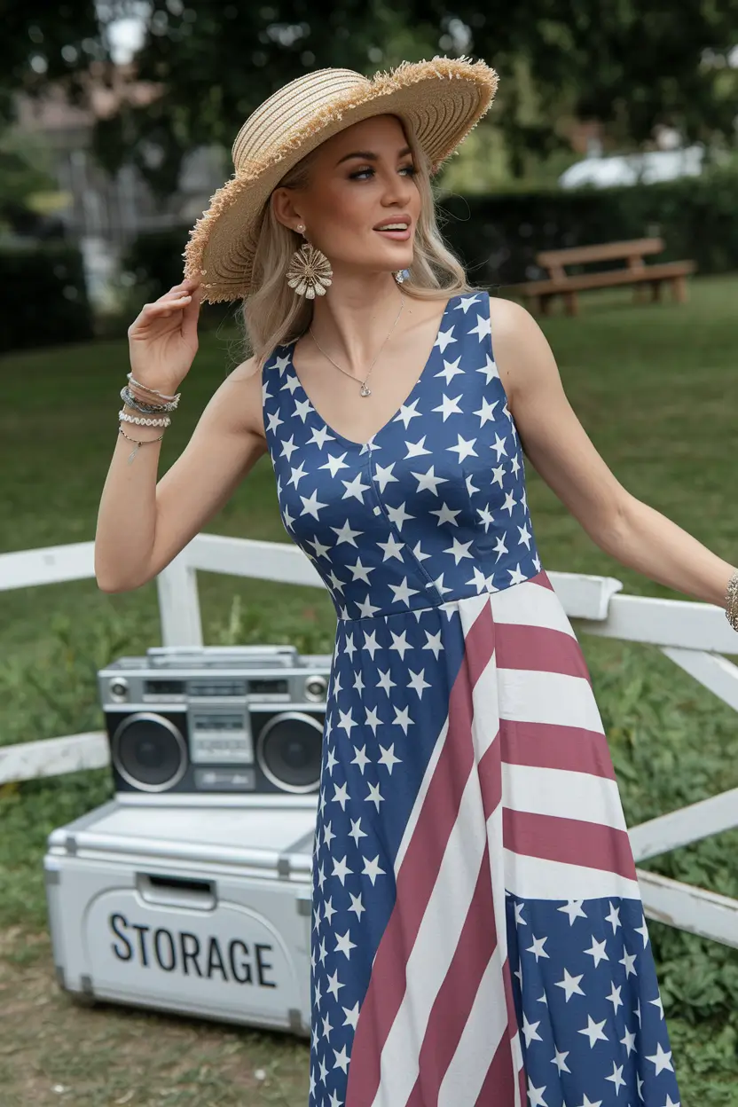 Fourth of July 2025 Outfits Easy & Cute ideas+Statuesque in Stars and Stripes Maxi