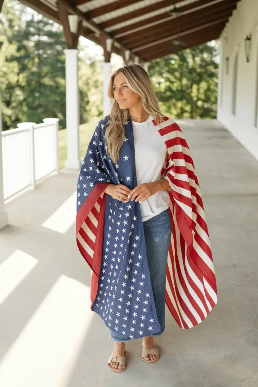 Fourth of July 2025 Outfits Easy & Cute ideas+Draped in Patriotism: Flag-Inspired Cape Vibes