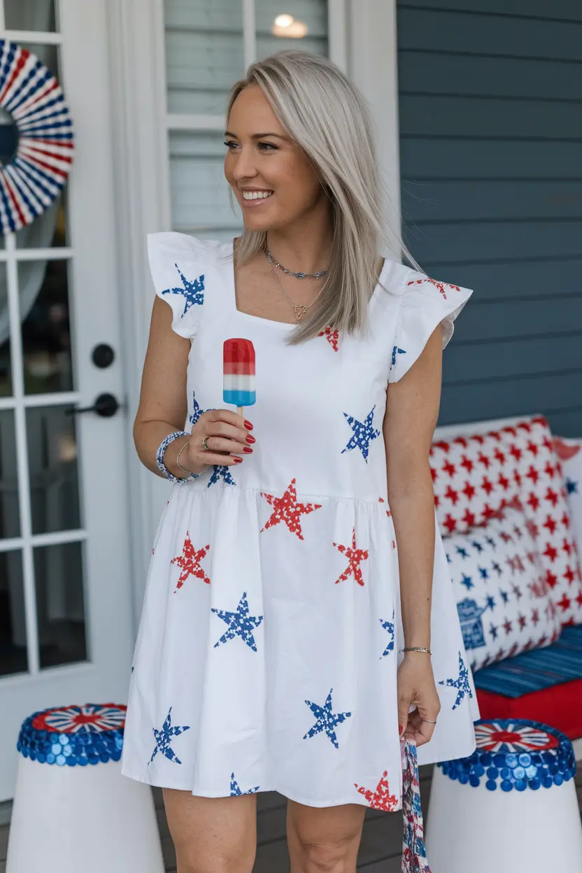 Fourth of July 2025 Outfits Easy & Cute ideas+Whimsical Ruffle Dress with Star Prints