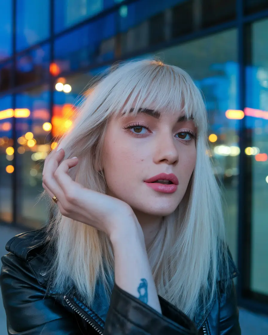 august hair color ideas blonde Platinum Ice Cut with Micro Fringe