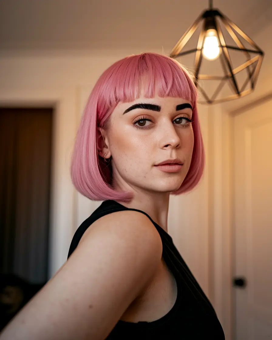 august hair color ideas Bubbly Pink Bob with Baby Bangs