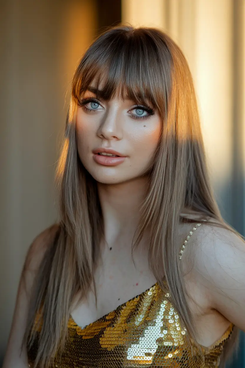 august hair color ideas brunette Dimensional Hazelnut with Curtain Bangs