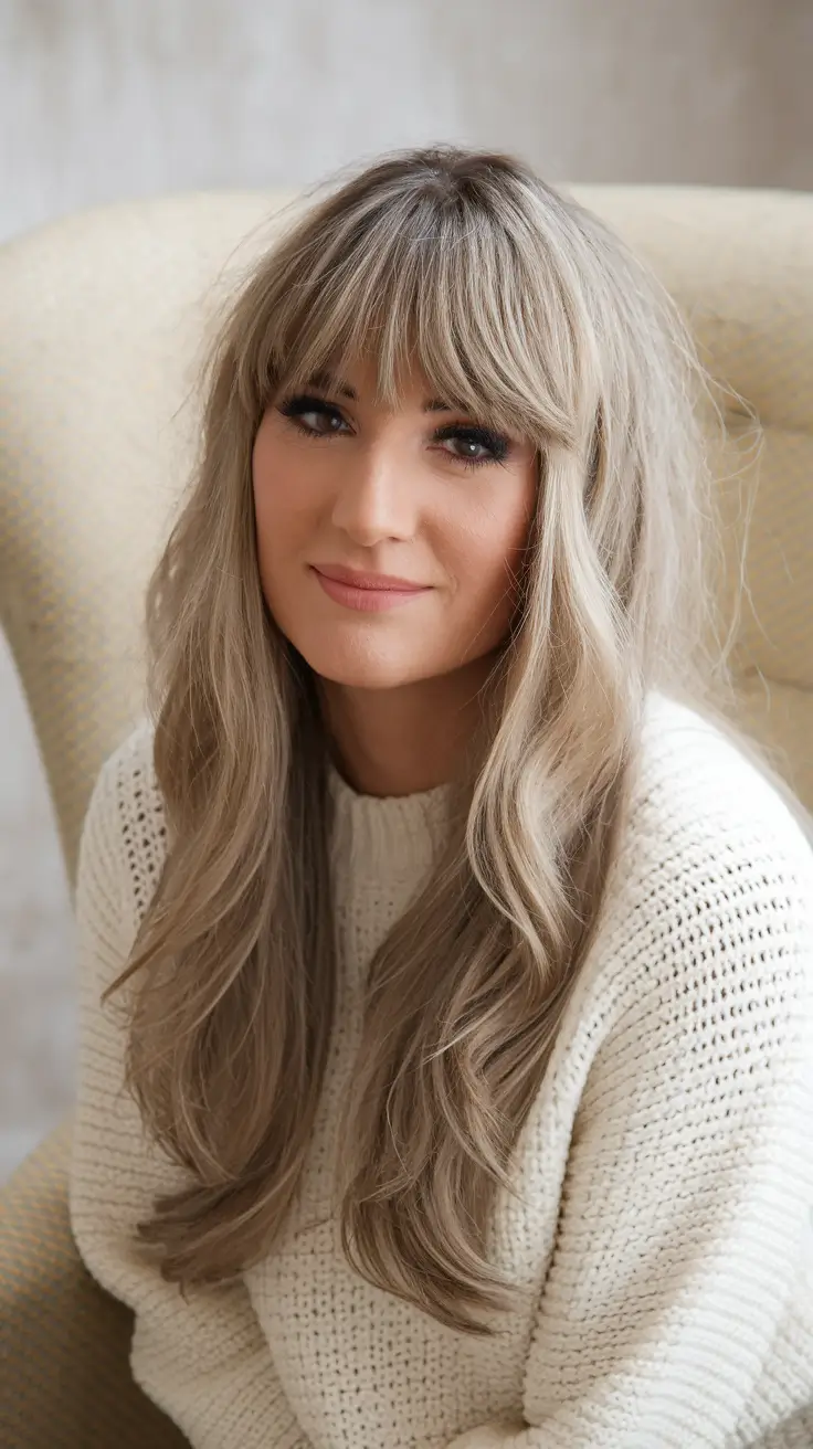 august hair color ideas blonde Neutral Mushroom Blonde with Feathered Bangs