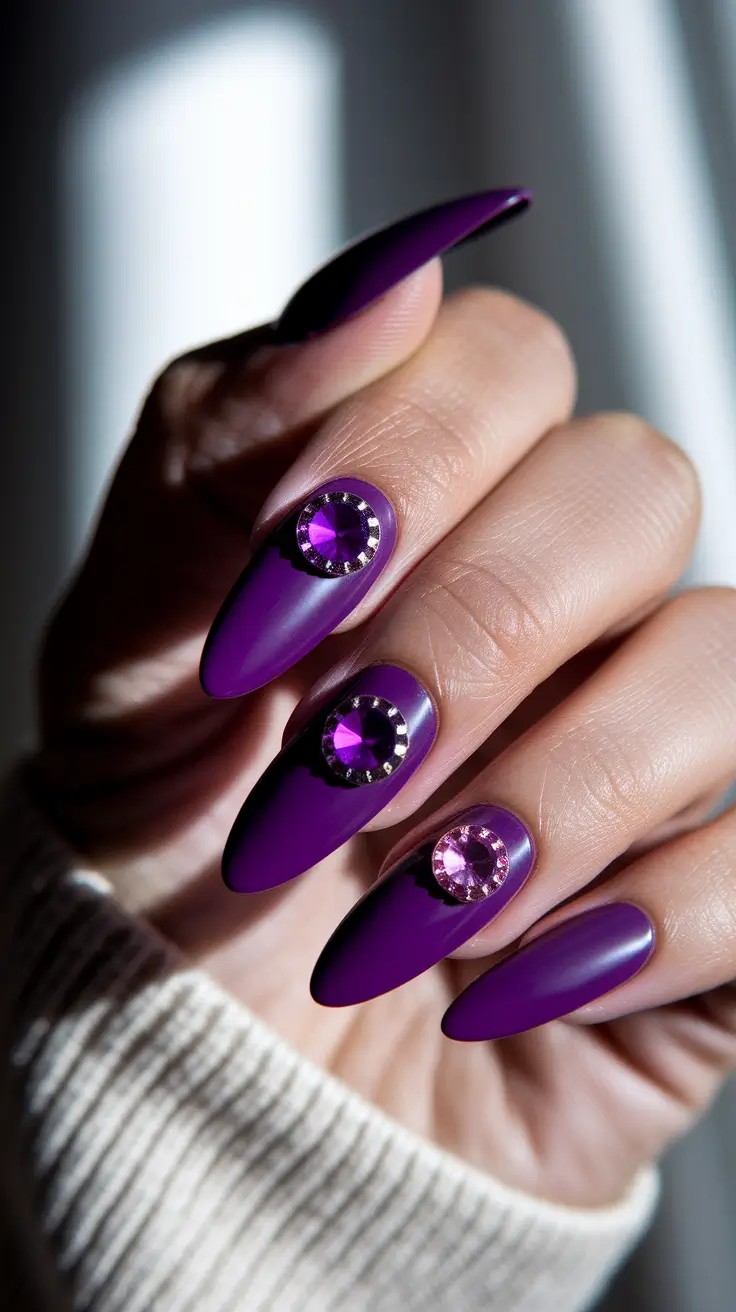 august nails designs almond Royal Purple Drama with Statement Gems