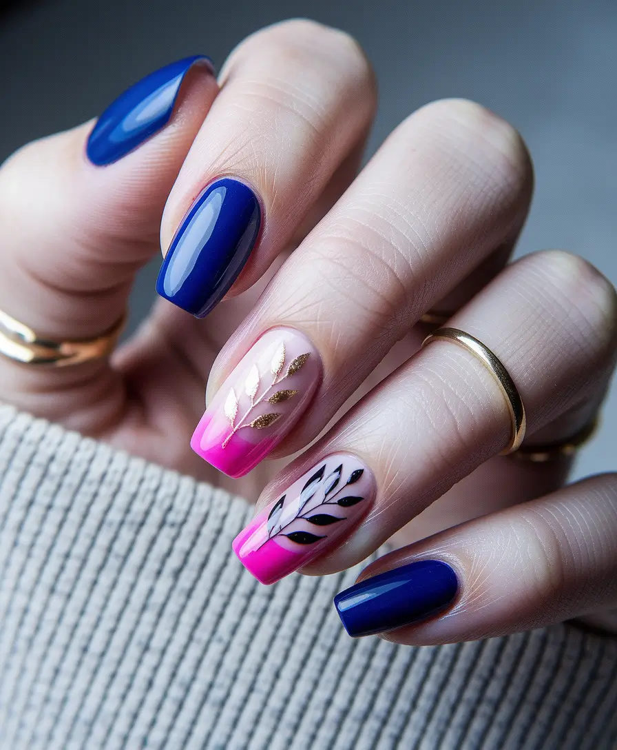 august nails designs short square Pink and Navy Duo with Leafy Graphic Art