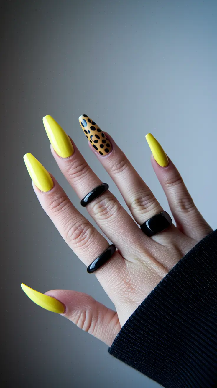 august nails designs stiletto Neon Yellow with Leopard Pop for Confidence Boost