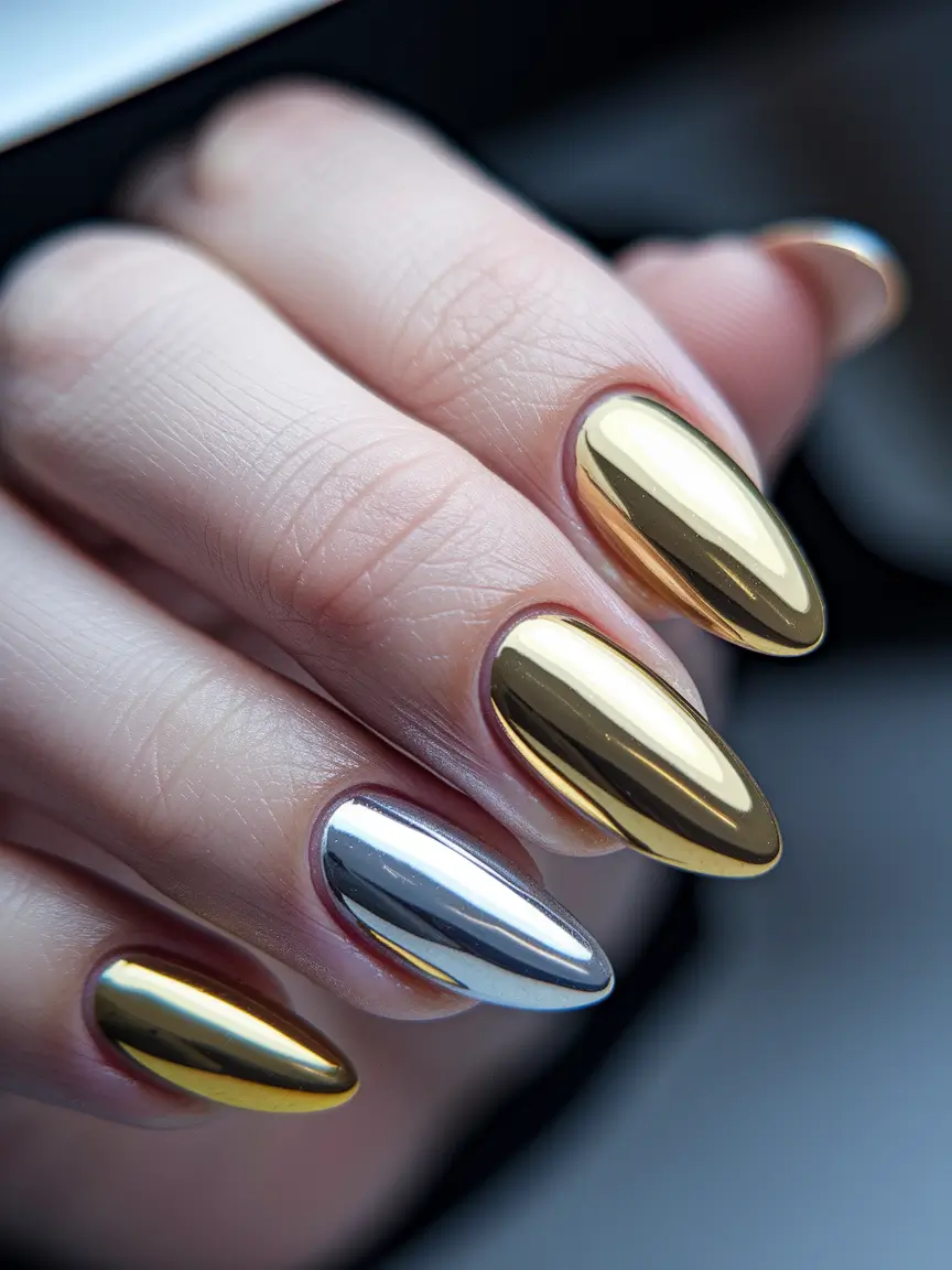 august nails designs acrylic coffin Gold & Silver Mirror Chrome Power Nails