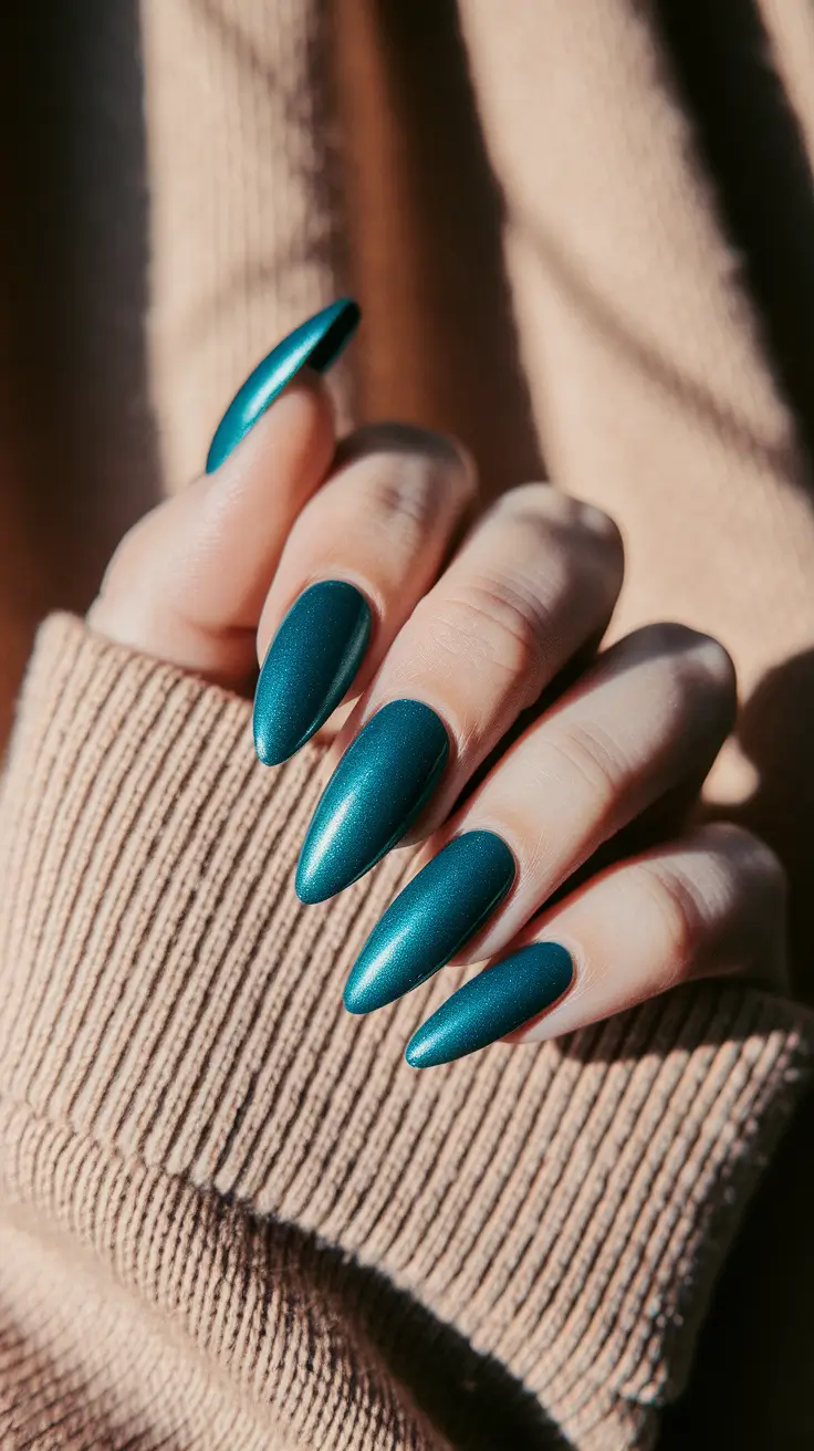 august nails designs almond Velvety Teal for a Sunset-Soaked Statement