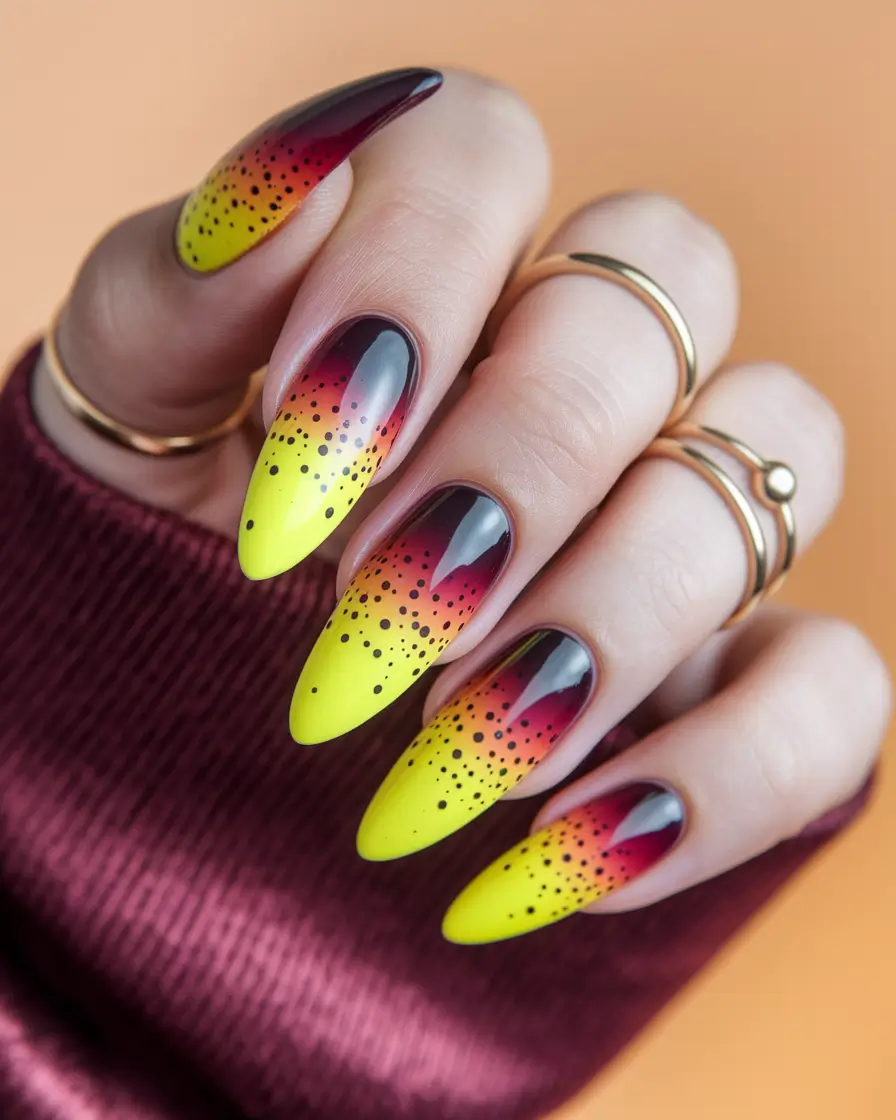 august nails designs acrylic Sunset Fade with Neon Pop and Speckled Drama