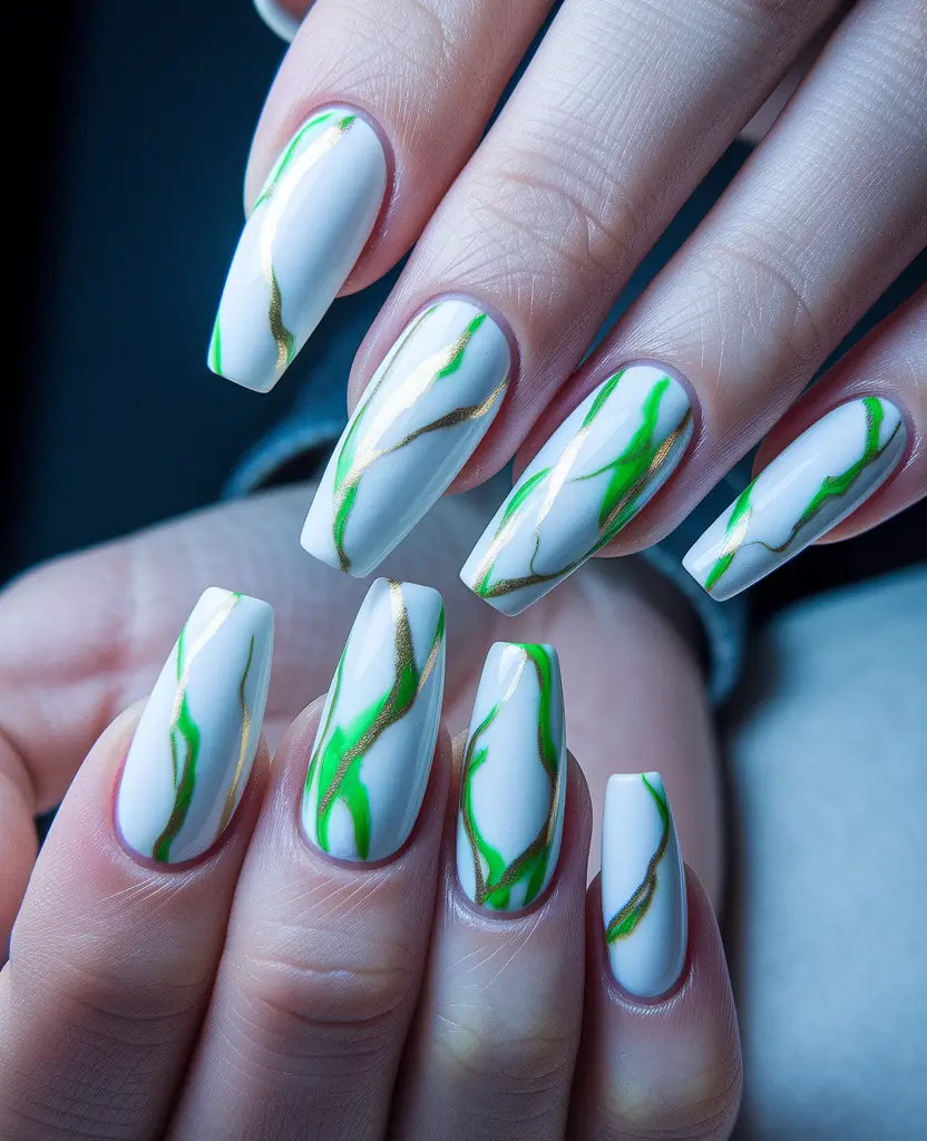 august nails designs acrylic Modern Marble with a Botanical Twist