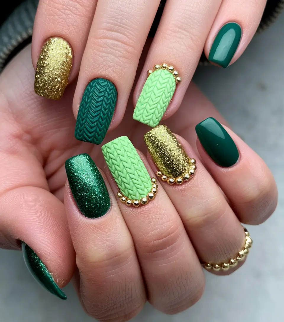 august nails designs 3d Cozy Sweater Textures in Metallic Green and Gold