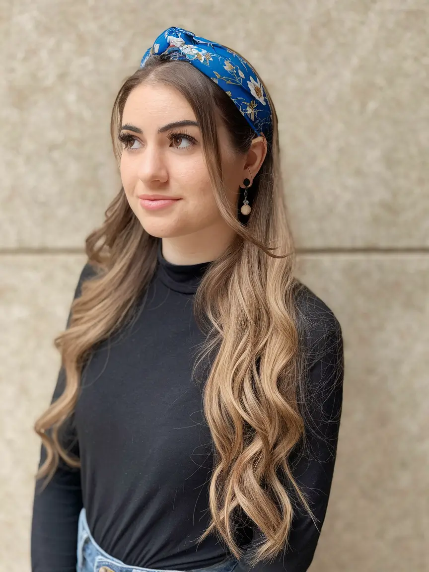 back to school hairstyles 2025 Polished Waves with a Bold Blue Bandana