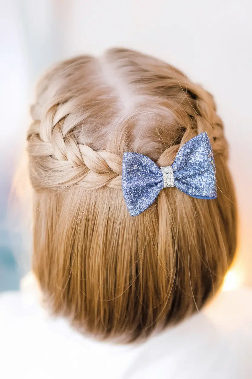 back to school hairstyles 2025 Mini Crown Braid with a Sparkly Bow Accent