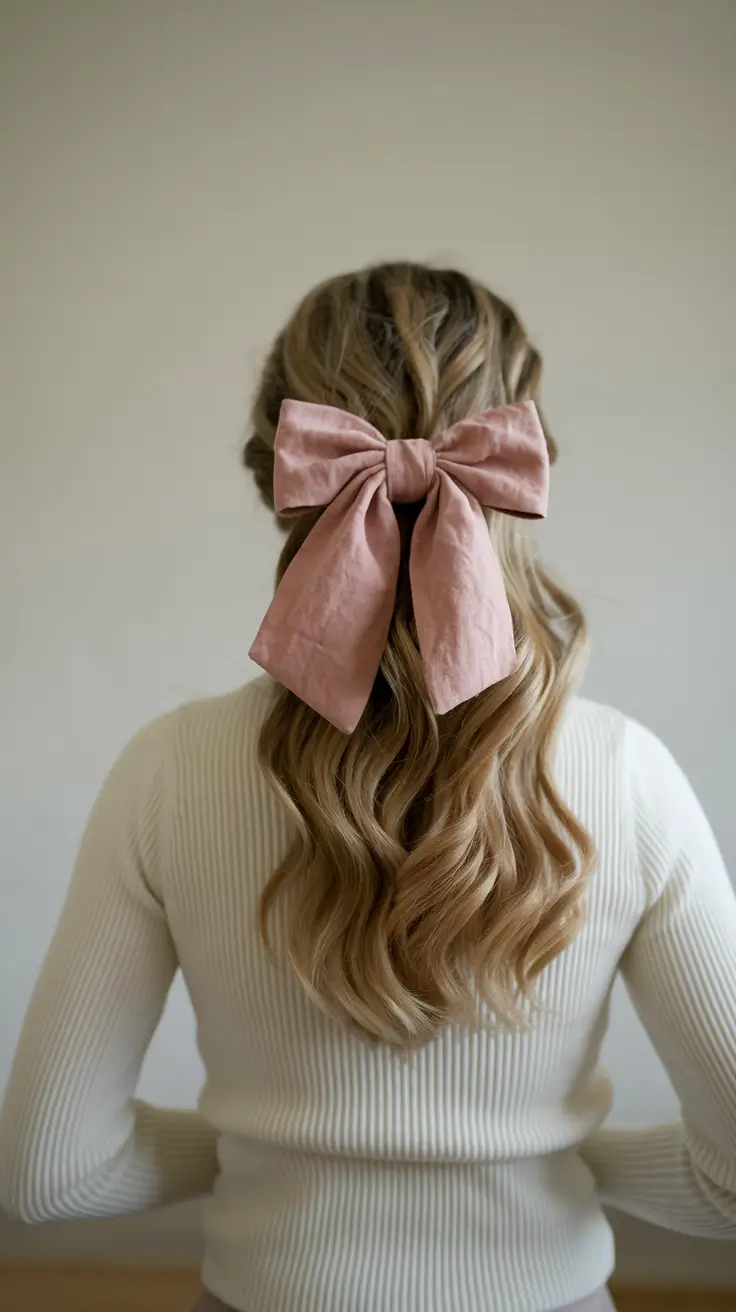 back to school hairstyles 2025 Loose Waves with a Blush Velvet Bow