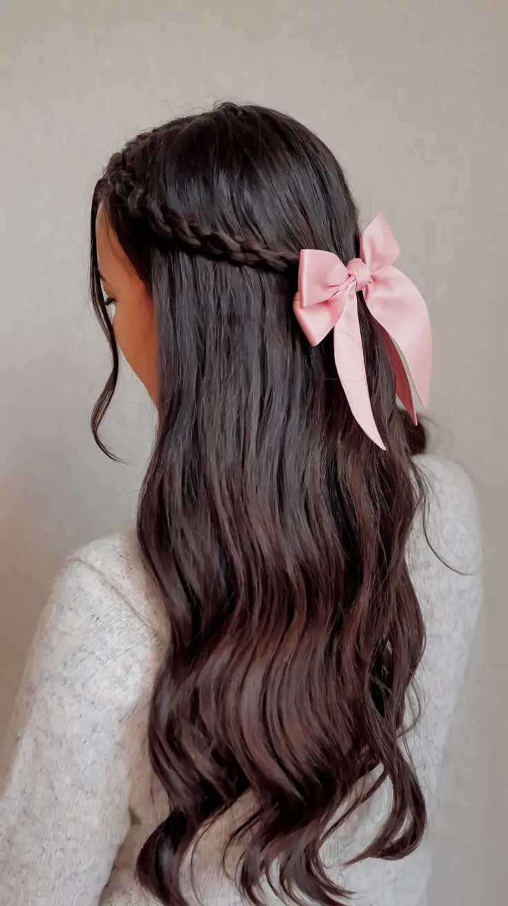back to school hairstyles 2025 Side-Braided Waterfall with a Pink Bow