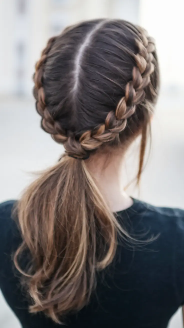 back to school hairstyles 2025 Criss-Cross Crown Braids into a Low Ponytail