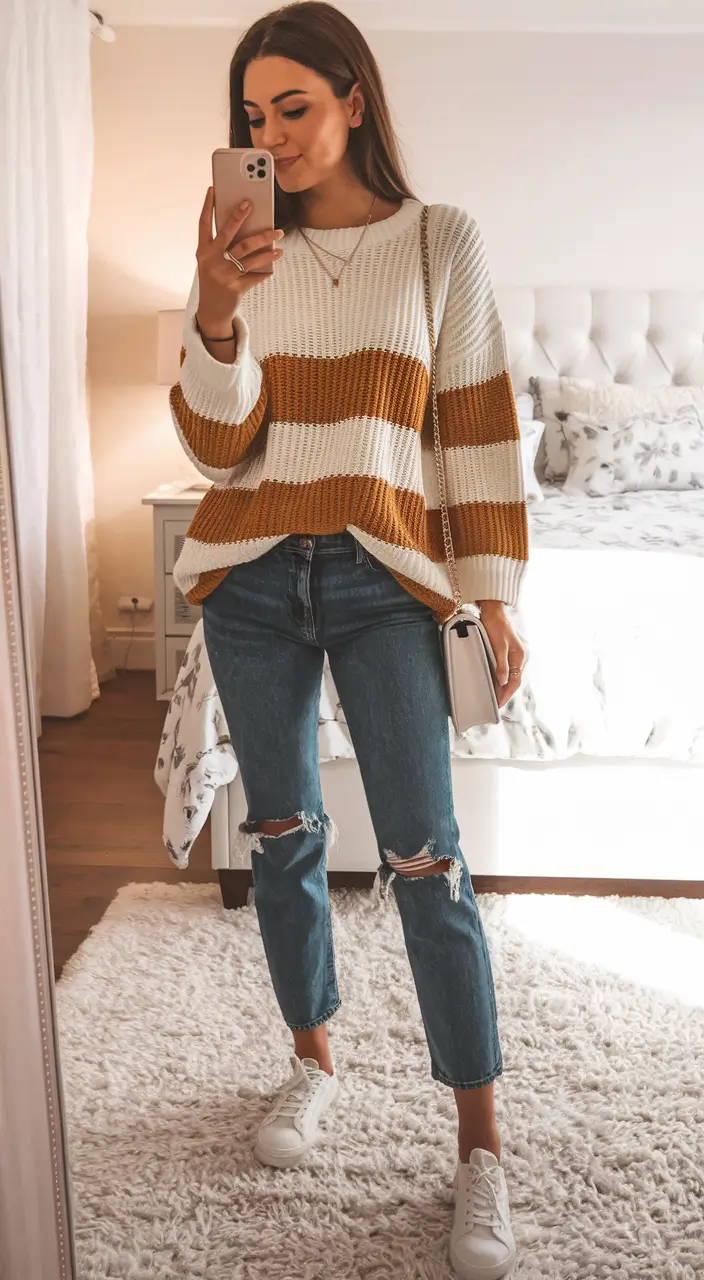 back to school outfits ideas 2025 Striped Sweater + Ripped Jeans = Effortless Cool