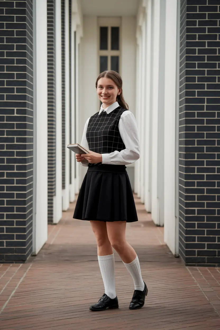 back to school outfits ideas 2025 Grid Vest & Skirt Combo That’s Sharp and Smart