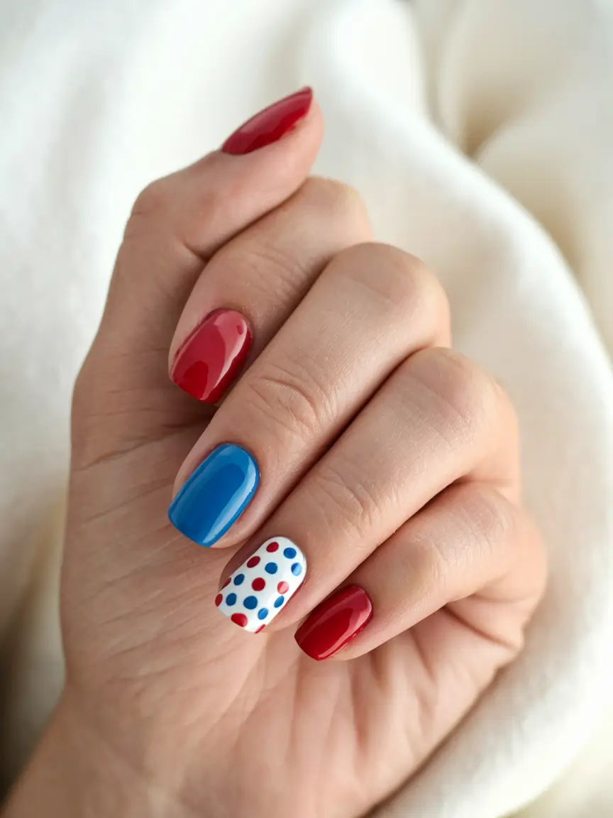 july nail color ideas 2025 Retro Dot Party with a Patriotic Twist