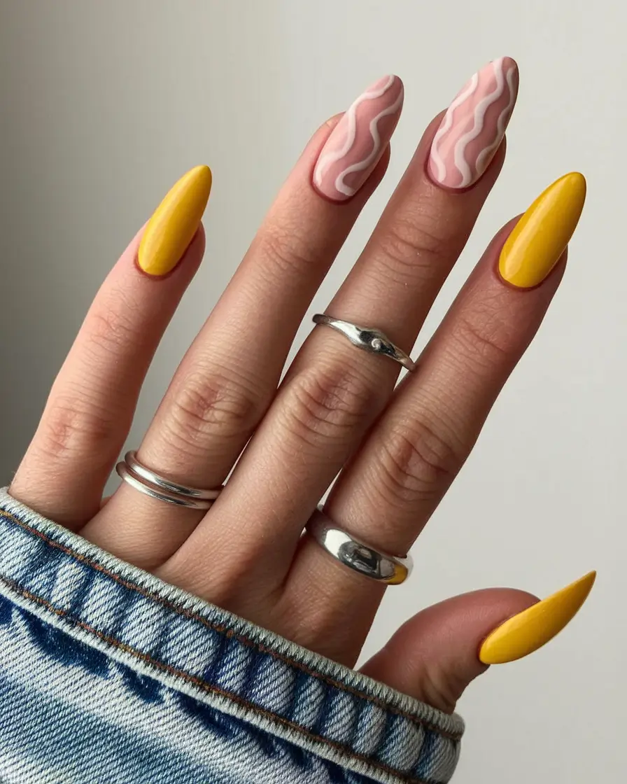 july nail colors Warm Mustard Meets Blush Waves for a Sunset-Soft Vibe