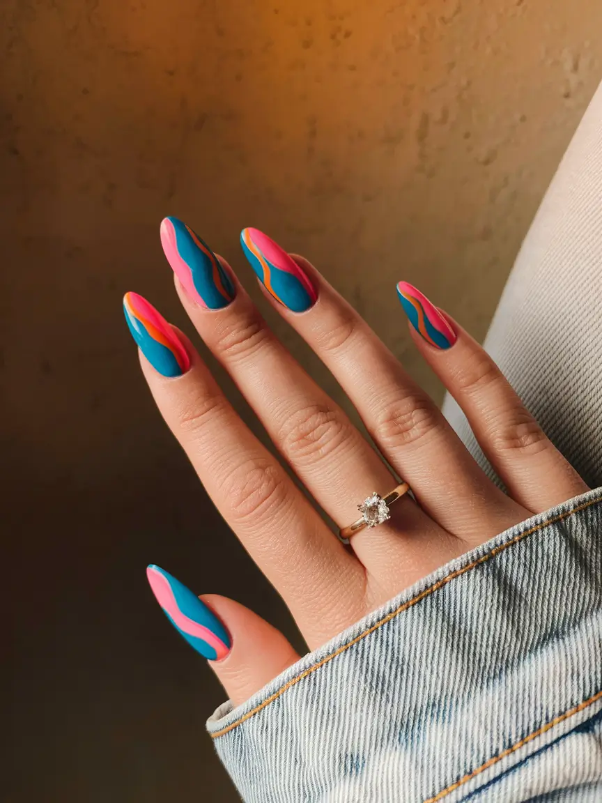 july nail color ideas 2025 Abstract Sunset Waves with Y2K Soul