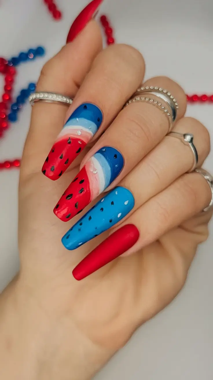 summer nail colors 4th of july Matte Fruit Fantasy in Red, White & Blue