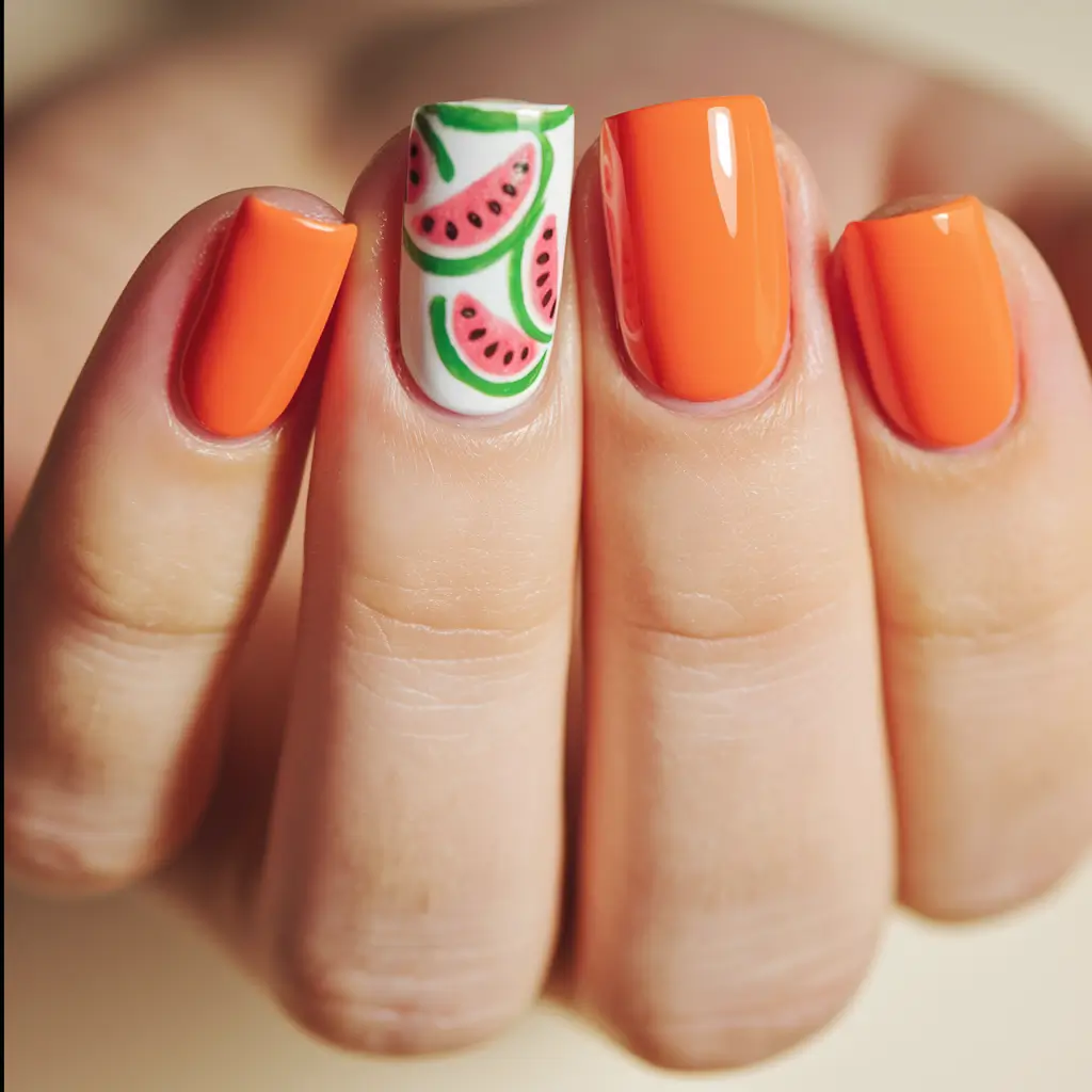 summer nail colors 4th of july Tangerine Pop + Watermelon Accent = Summer Fruit Fantasy