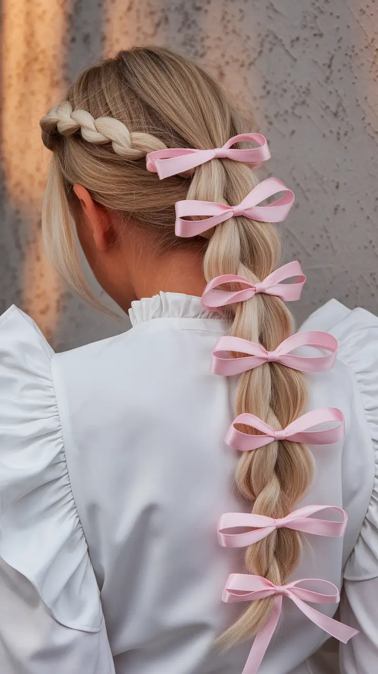 first day of school outfits 2025 Princess Braid With a Cascade of Pink Ribbons