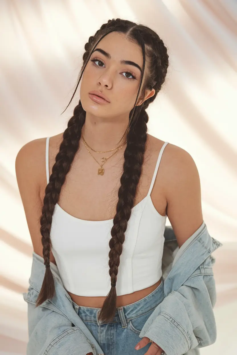 first day of school outfits 2025 Classic Double Braids With a Denim Remix