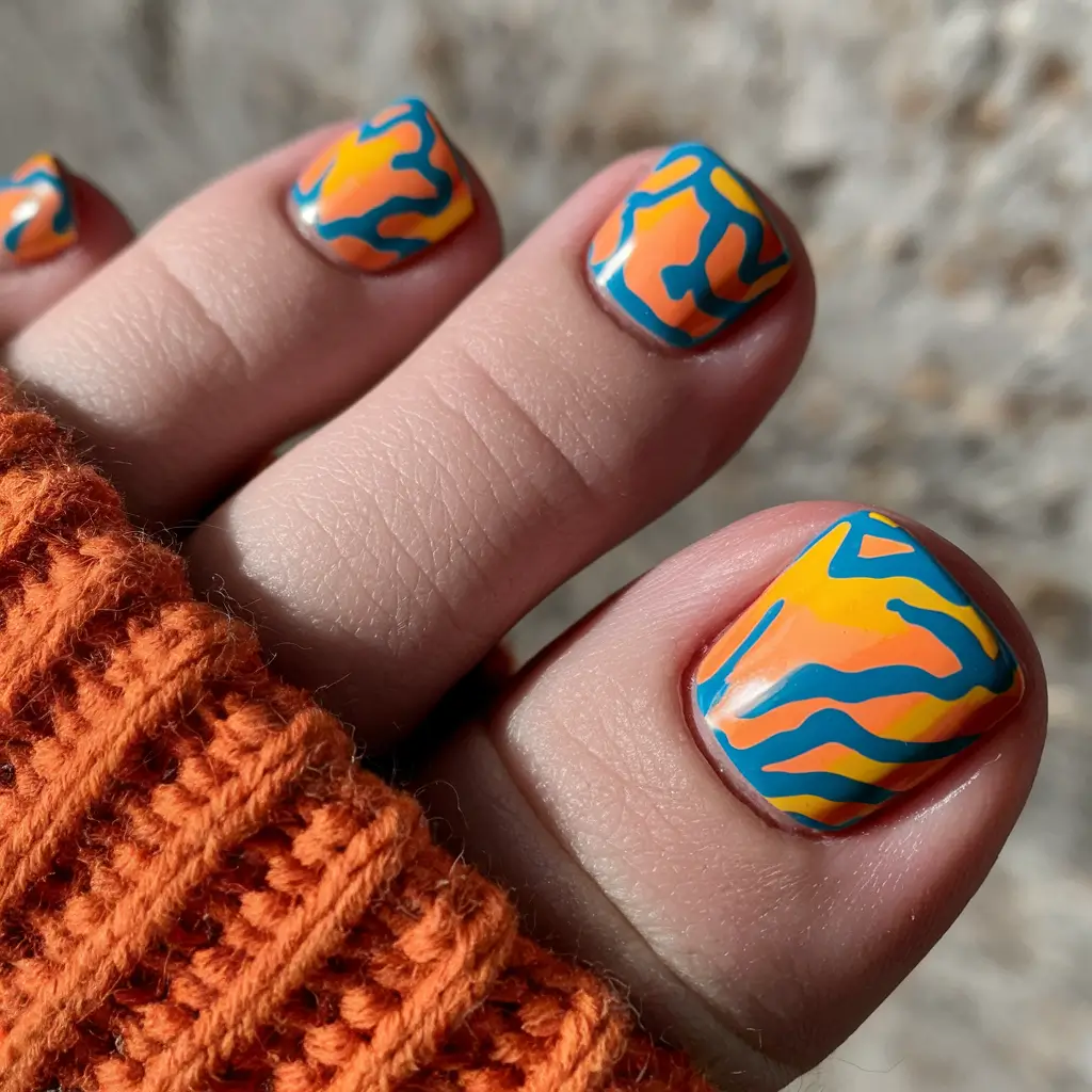 Cute July Toe Nails Summer Abstract Sunset Swirl with Blue Lines