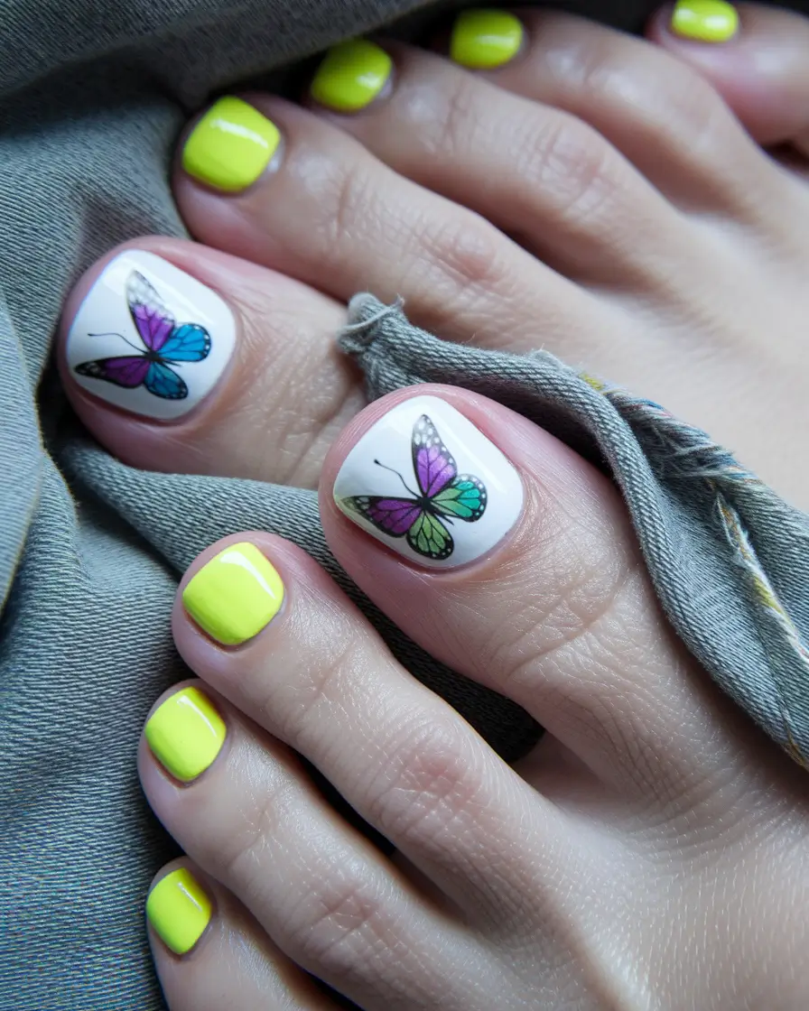 Cute July Toe Nails Summer Butterfly Whimsy on Neon Yellow
