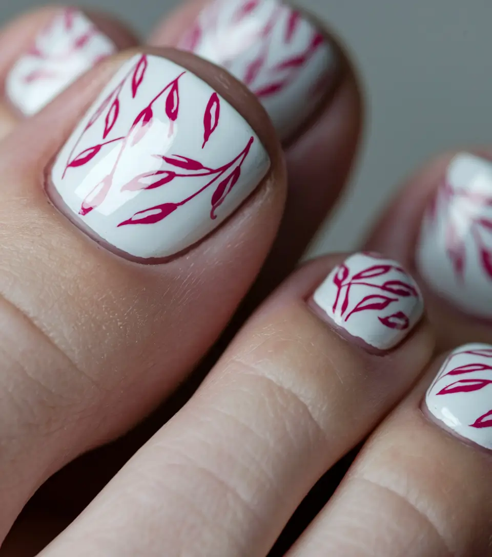 Cute July Toe Nails Summer Chic Burgundy Leaf Detailing on White
