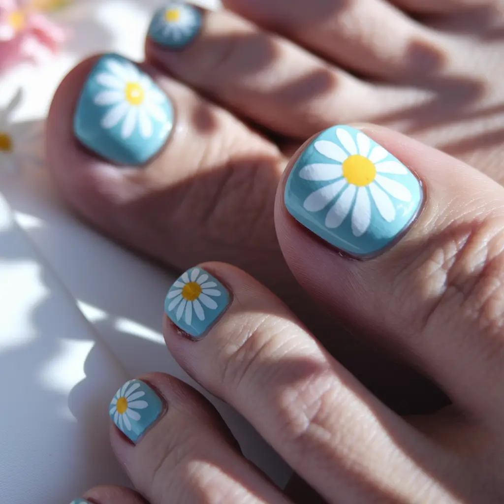 Cute July Toe Nails Summer Daisy Fresh on Sky Blue