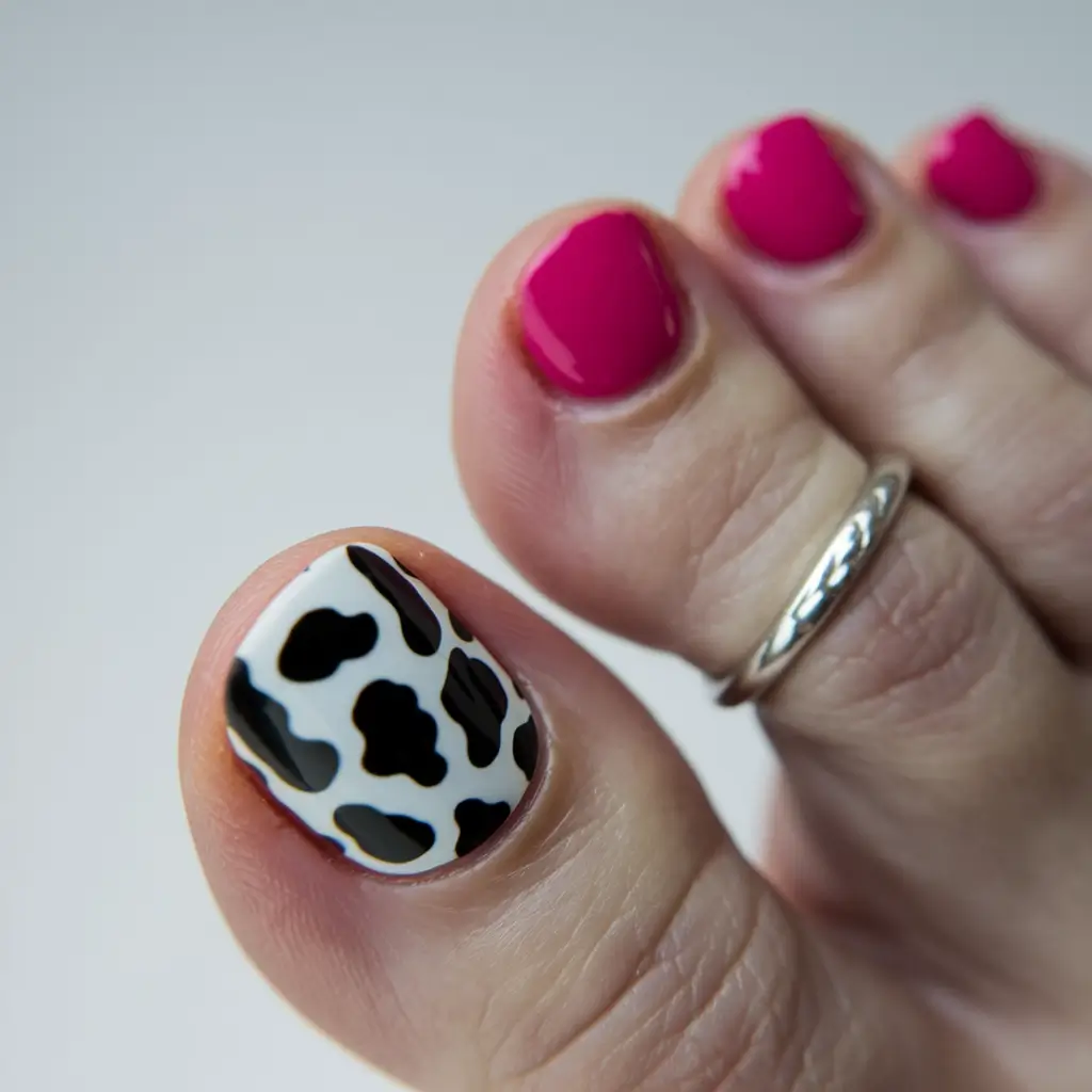 Cute July Toe Nails Summer Bold Pink Meets Cow Print Accent