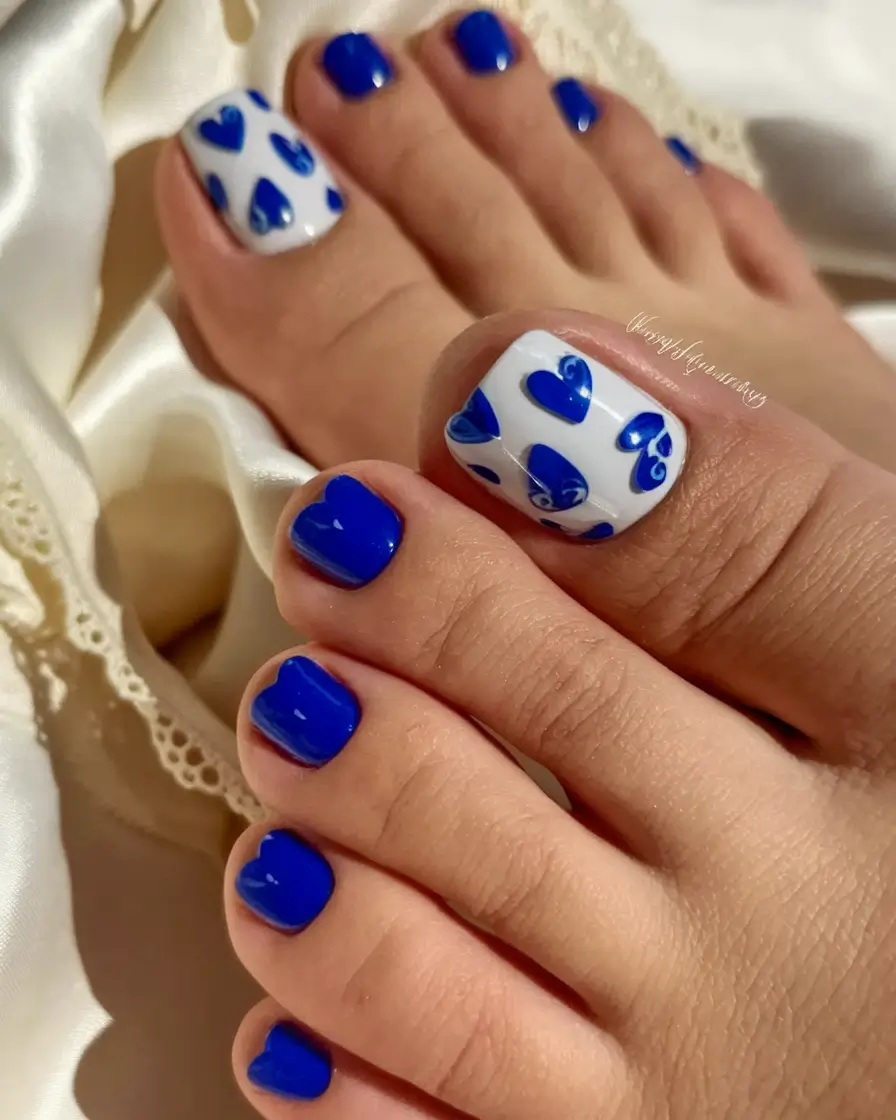 Cute July Toe Nails Summer Royal Blue with Heart Decals