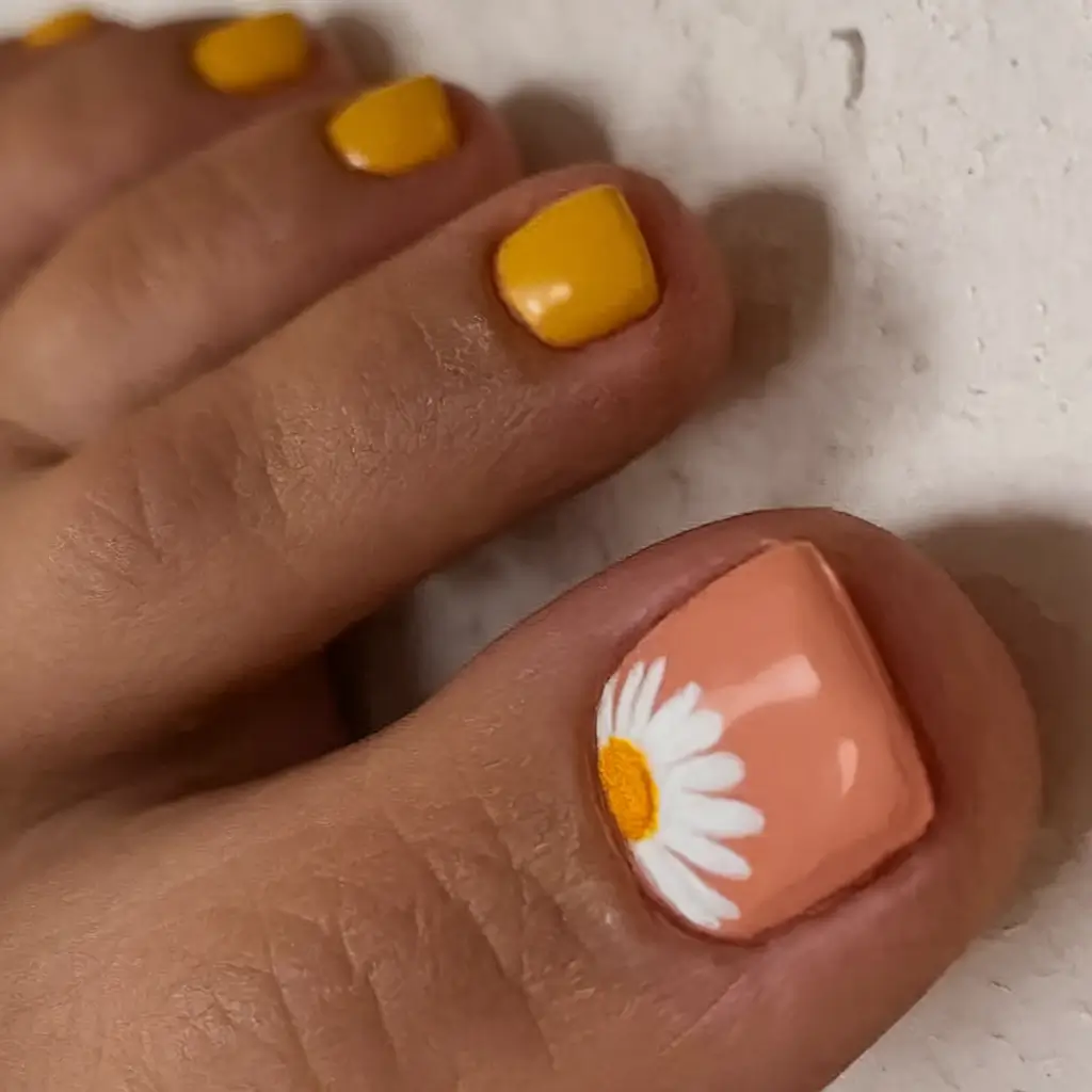 Cute July Toe Nails Summer Sunny Florals in Tangerine and Mustard