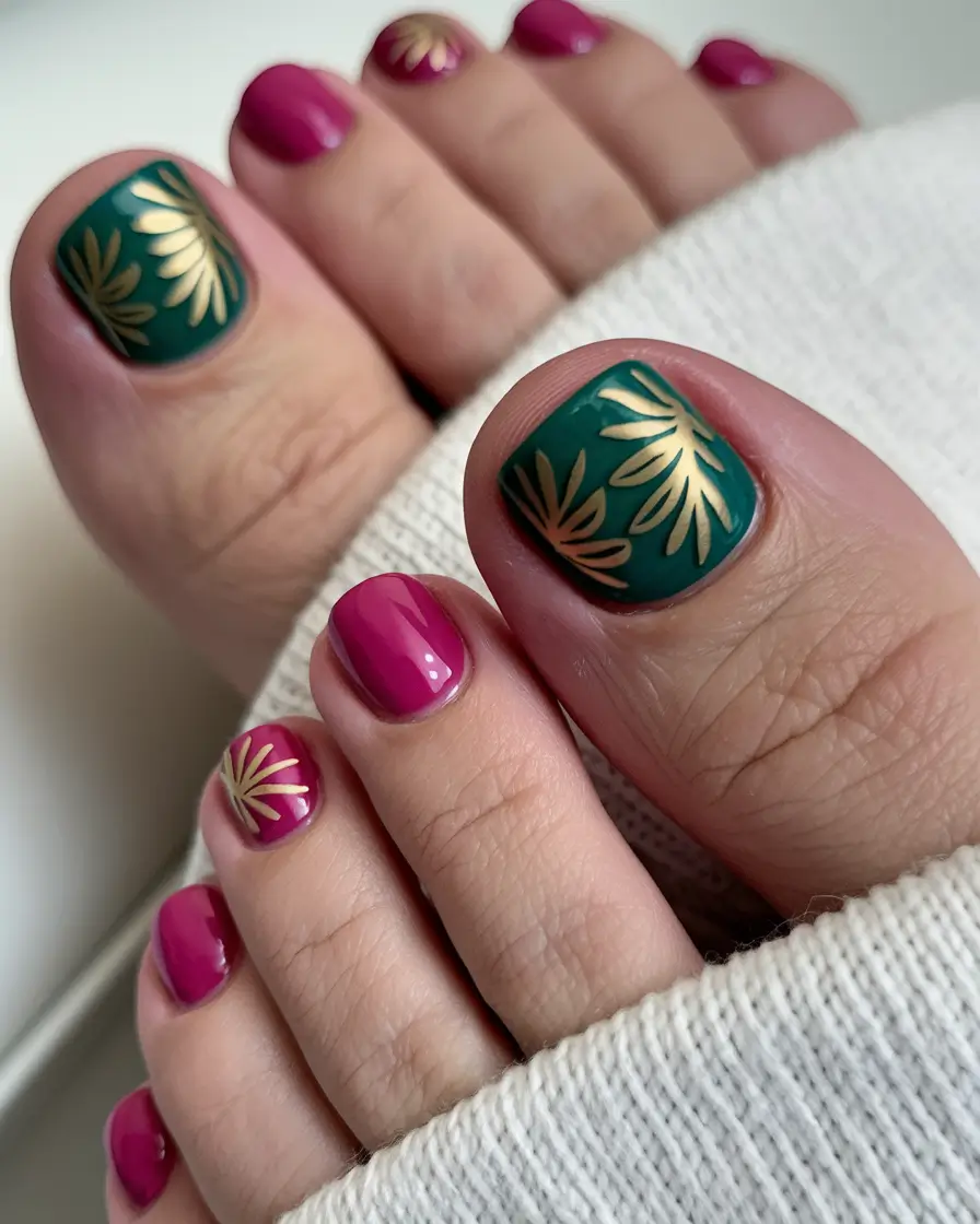 Cute July Toe Nails Summer Emerald Green Meets Gold Tropics
