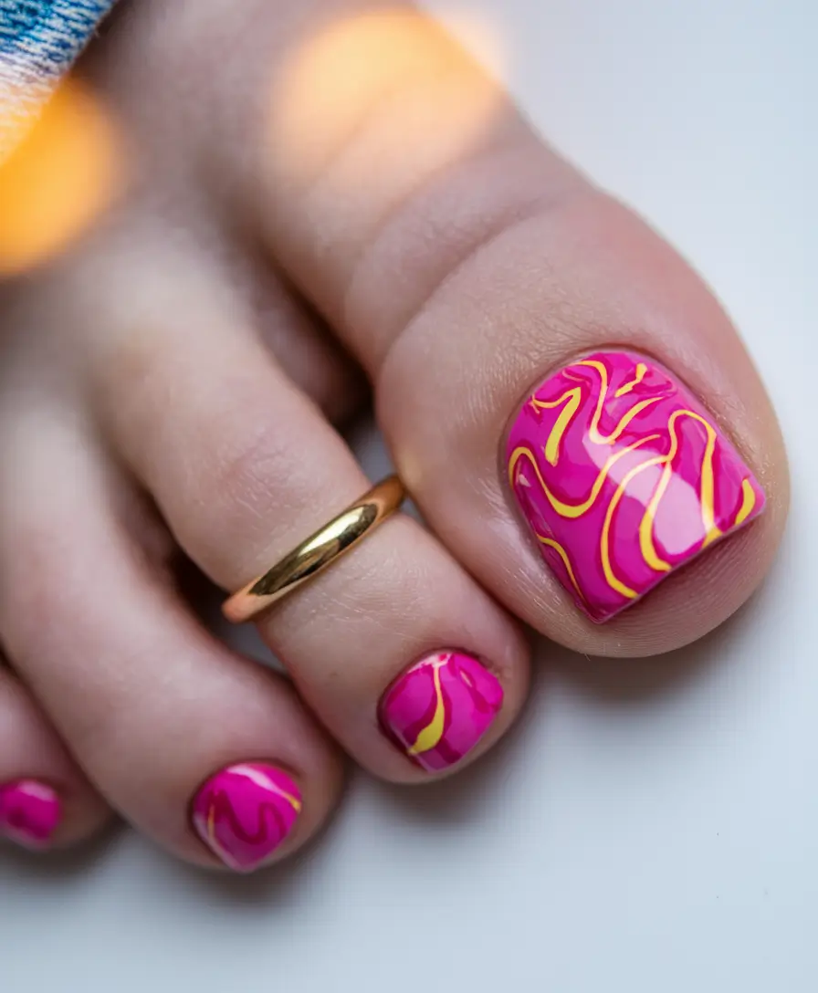 Cute July Toe Nails Summer Hot Pink Lava Lines