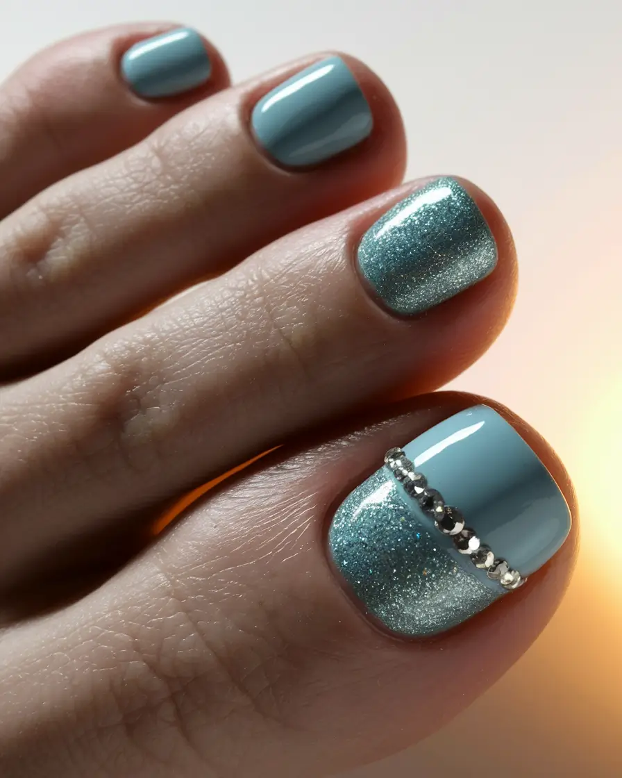 Cute July Toe Nails Summer Cool Blue Glitter Fade