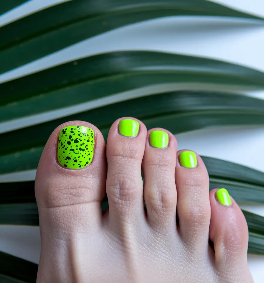 Cute July Toe Nails Summer Neon Lime with Speckled Detail