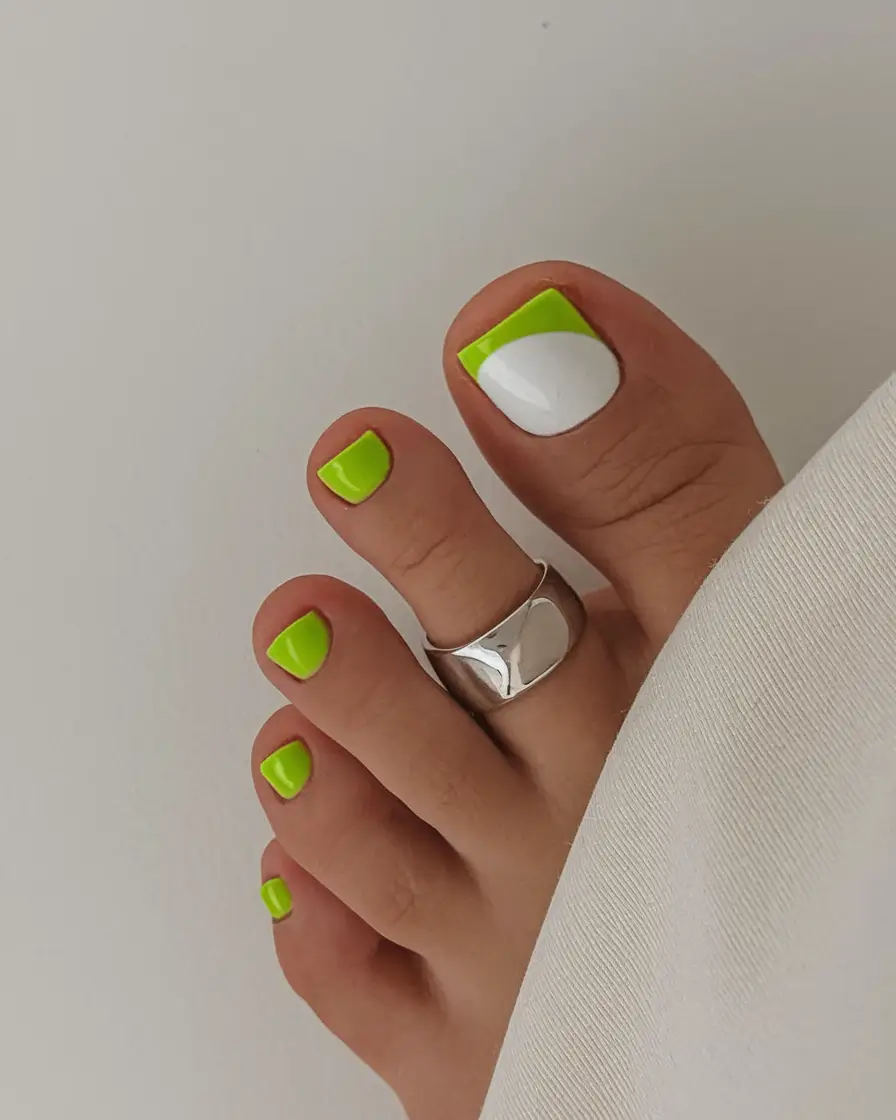 Cute July Toe Nails Summer Geometric Neon Green & White Block