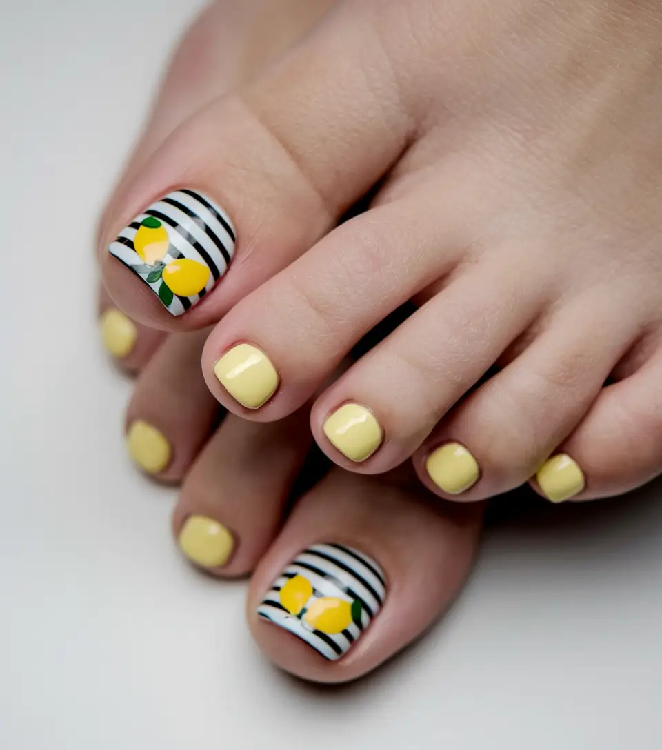 Cute July Toe Nails Summer Striped Lemons with Nautical Flair