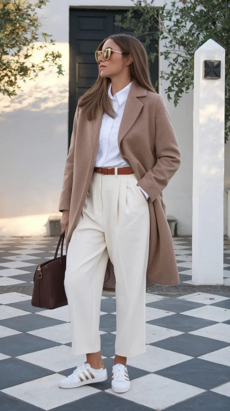 fall business casual outfits women with sneakers Classic Camel and Crisp Whites Done Right