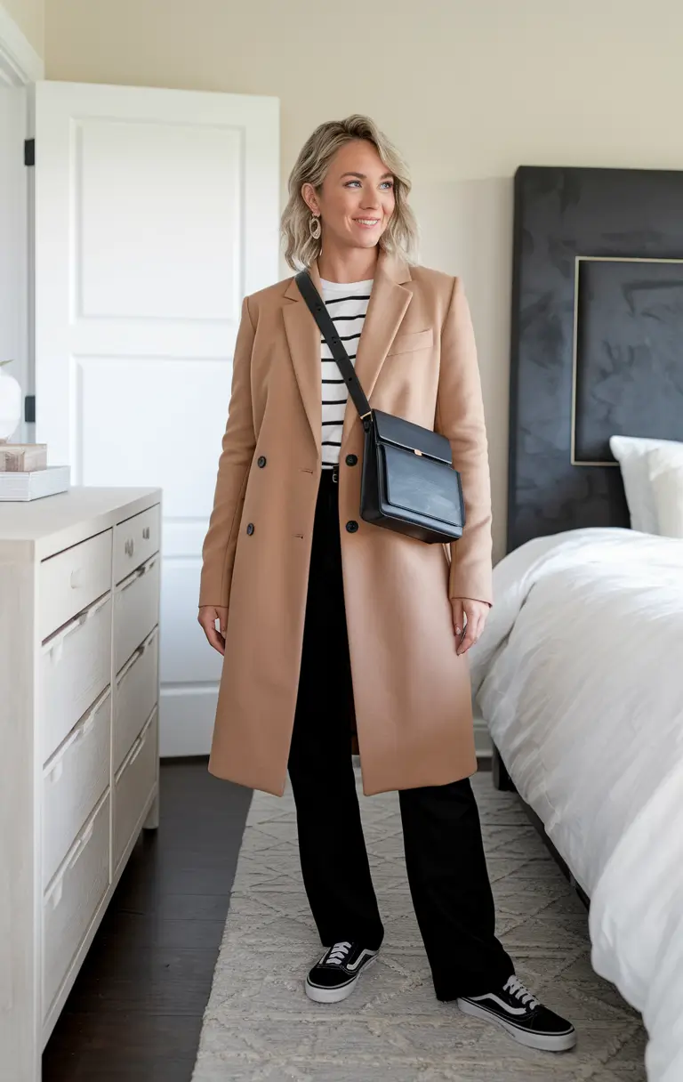 fall business casual outfits women with sneakers Stripes and Vans, the Casual Friday Hero