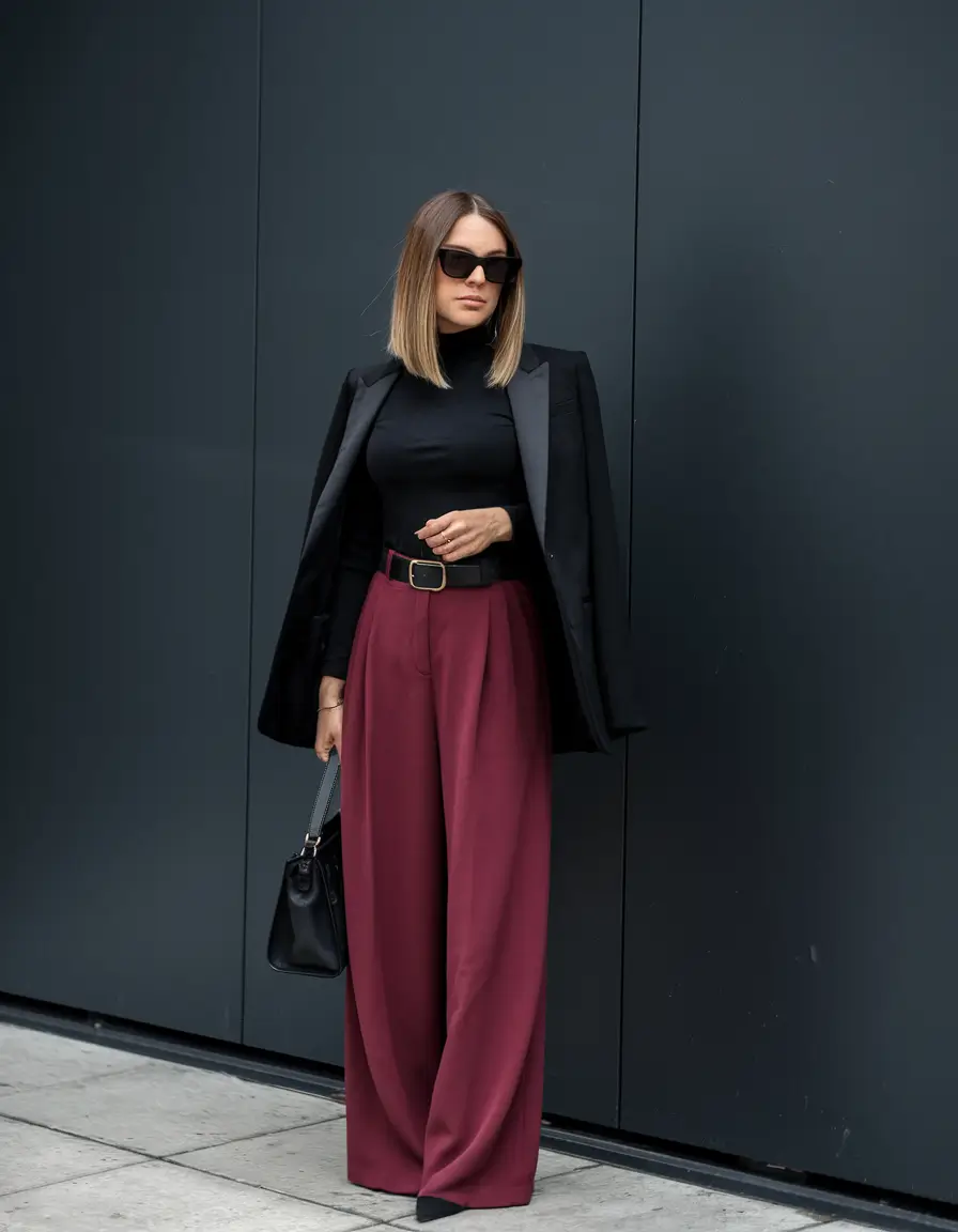 fall business casual outfits 2025 Power Dressing with Wine-Red Precision