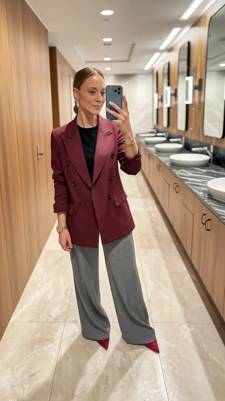 fall business casual outfits office wear Maroon Power and Sleek Professionalism
